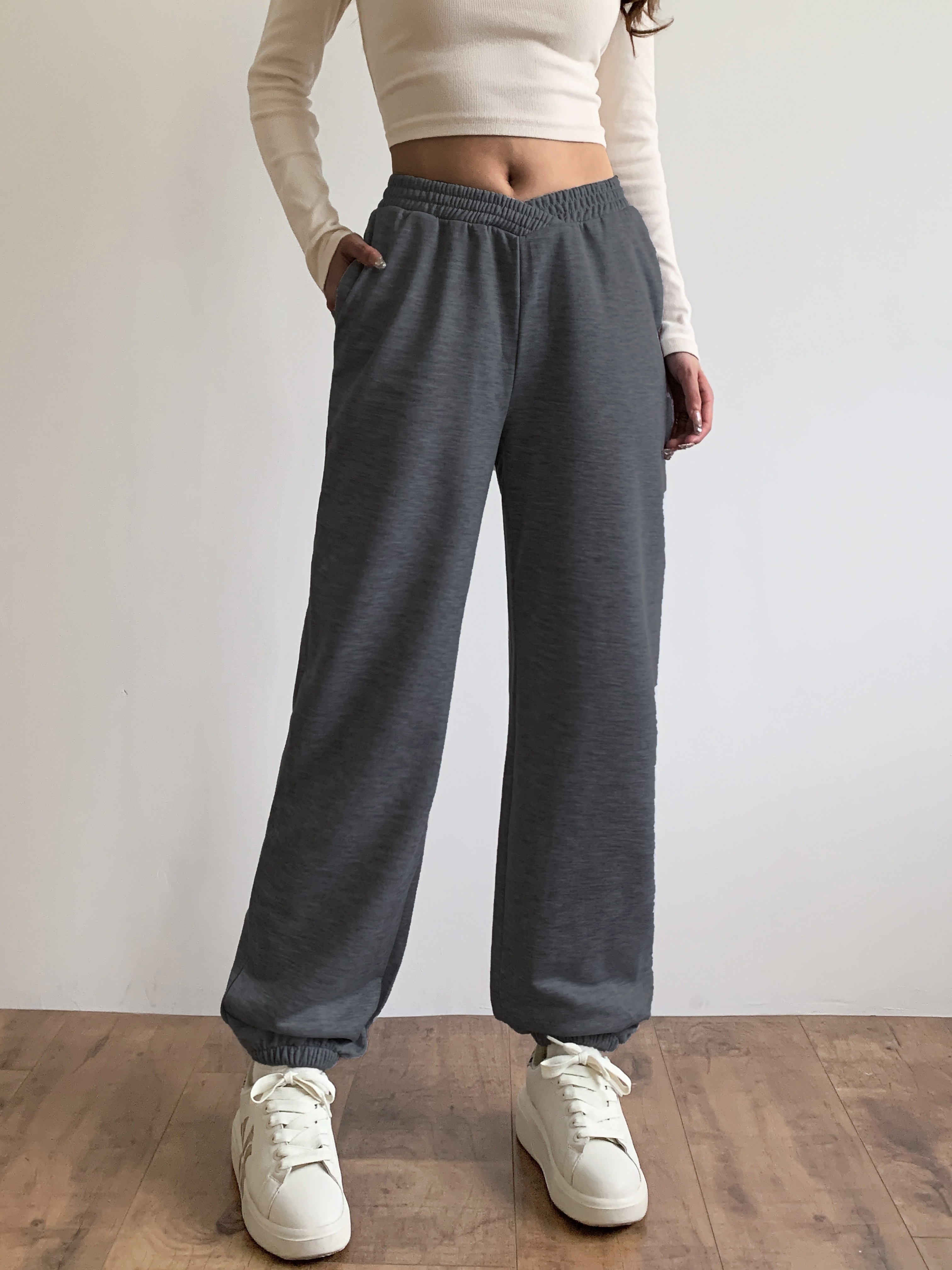 solid loose basic jogger sweatpants versatile comfy pants for fall winter womens clothing details 3