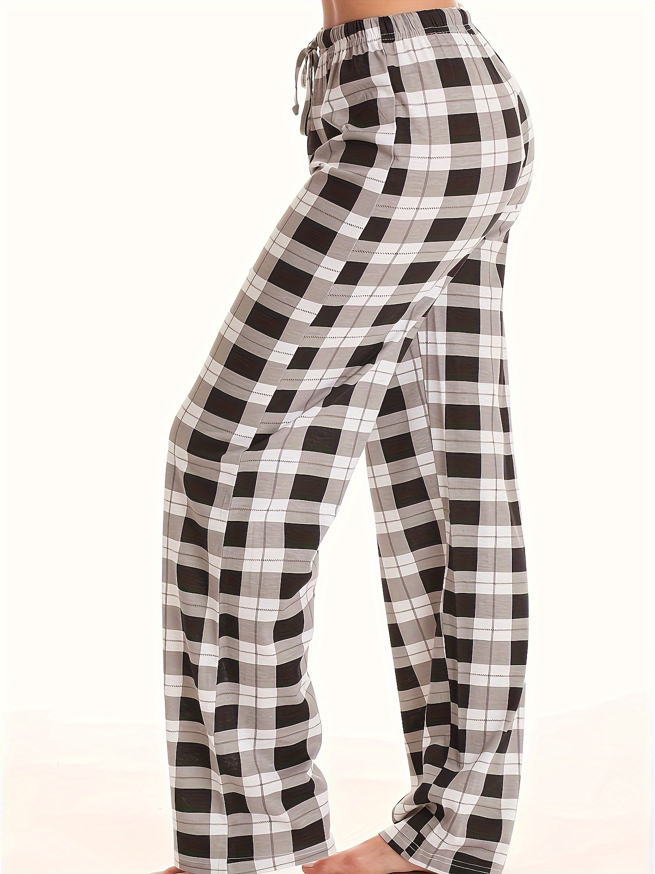 plaid pattern drawstring pants casual wide leg pants womens clothing details 22