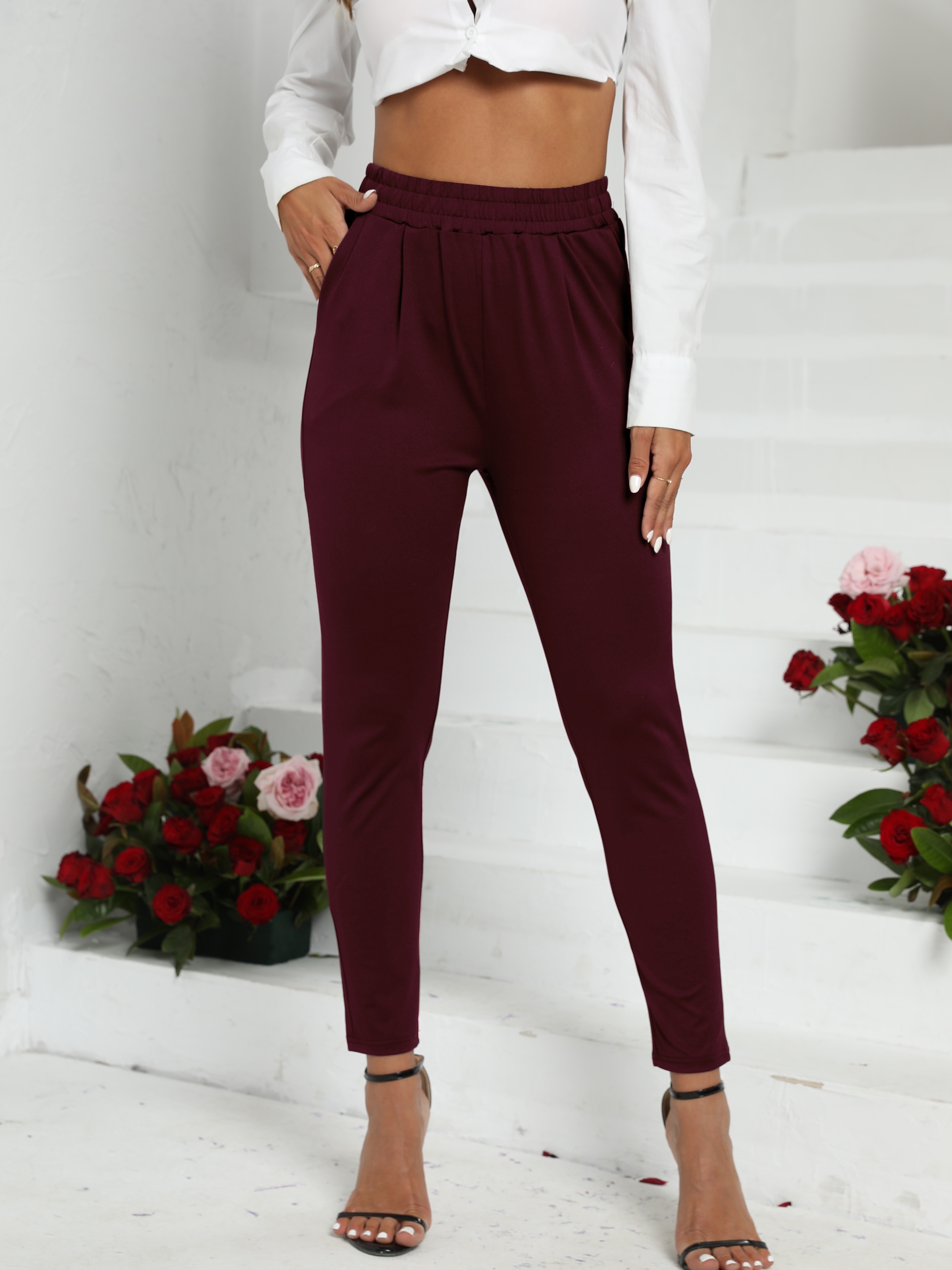 black skinny cigarette pants high waist beltless semi stretch pants elegant bottoms for work womens clothing details 31