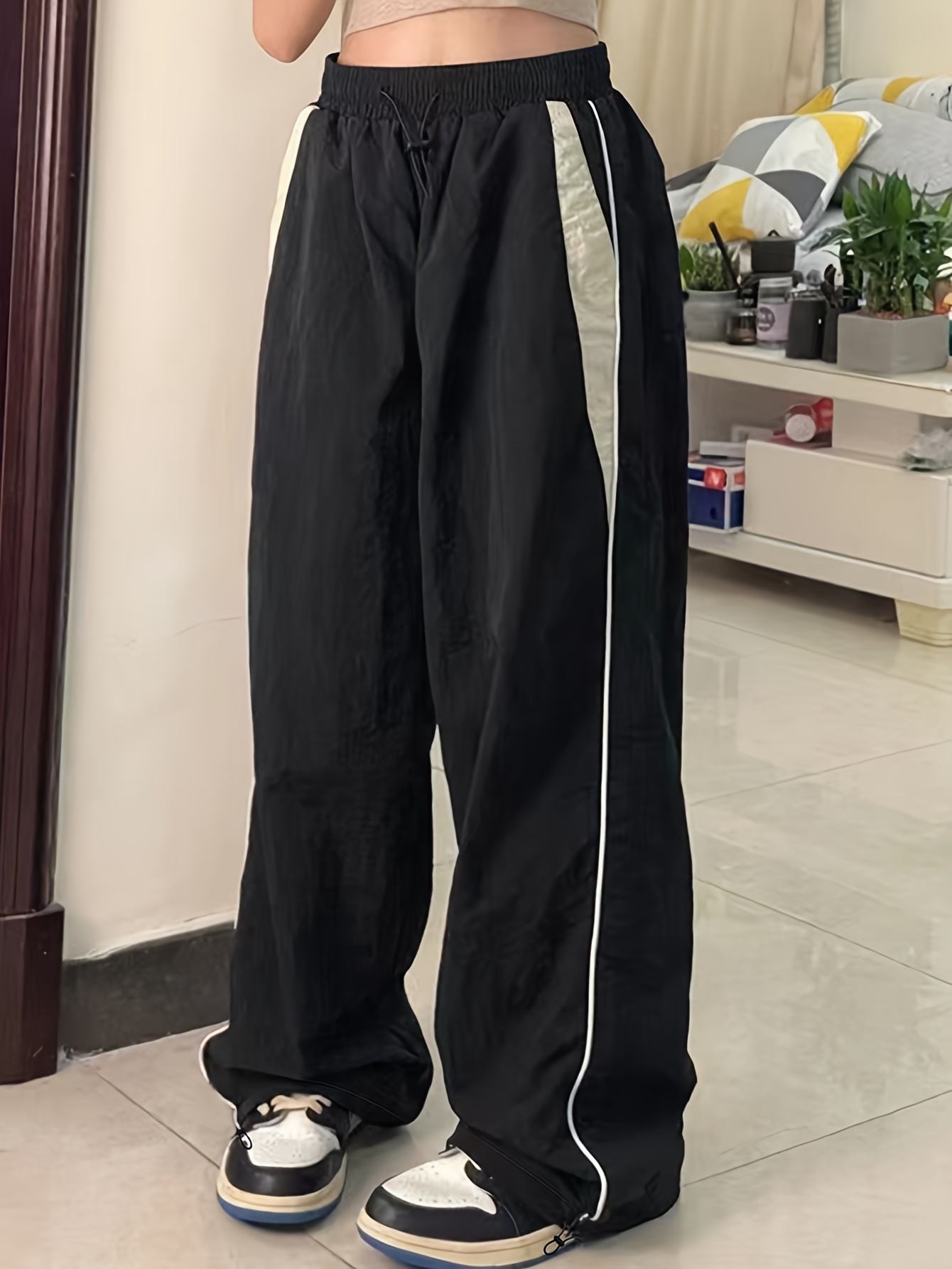 color block cargo pants y2k drawstring elastic waist wide leg pants womens clothing details 15