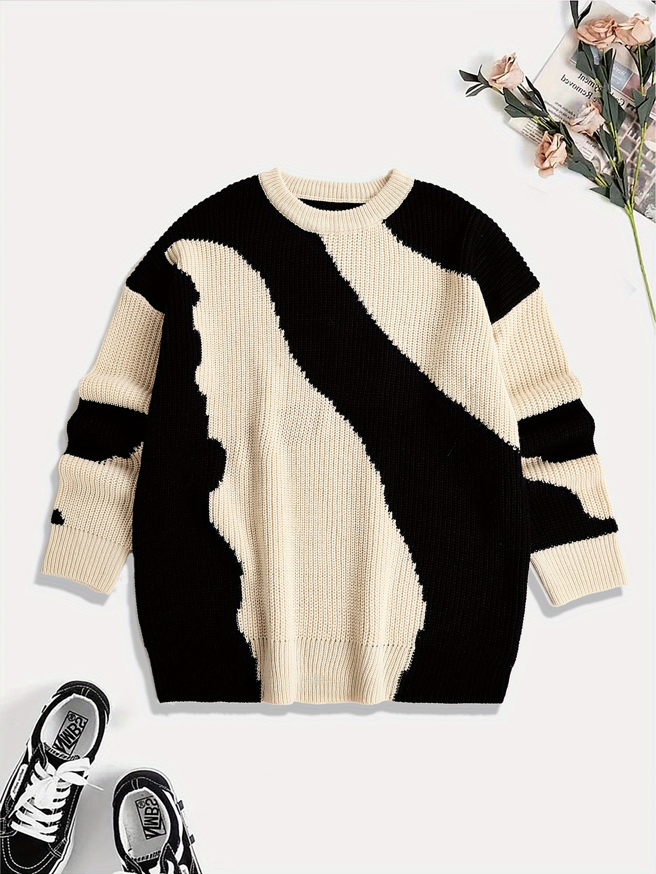 all match knitted color block wave pattern cable sweater mens casual warm slightly stretch crew neck pullover sweater for men fall winter details 4