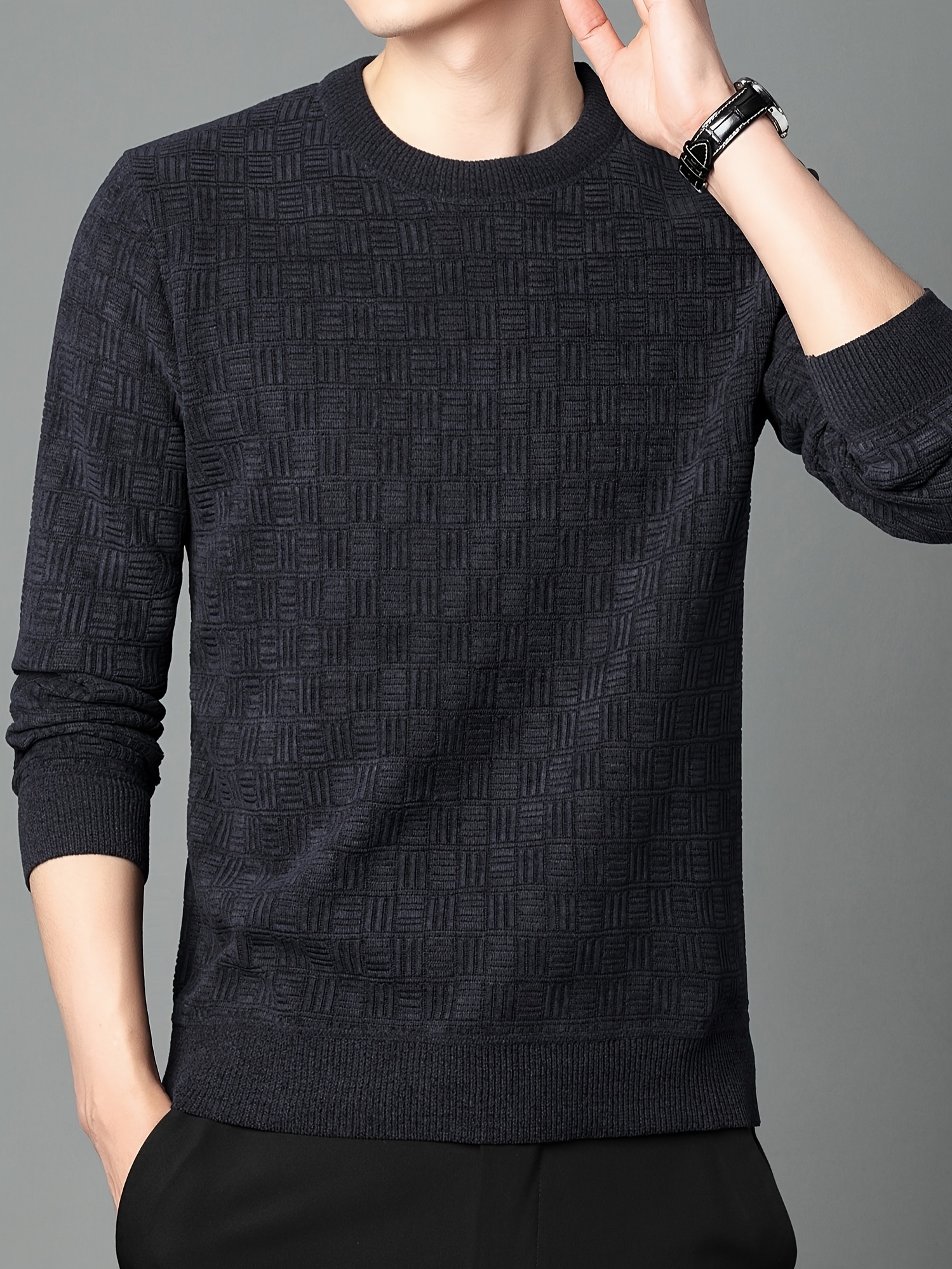 thermal knitted cable jacquard sweater mens casual warm slightly stretch crew neck pullover sweater for men fall winter details 15