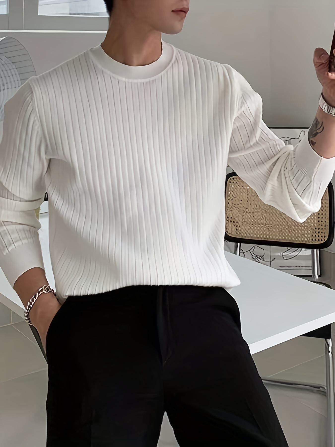 mens fashion long sleeve solid knitted sweater mens pullover for autumn winter details 9