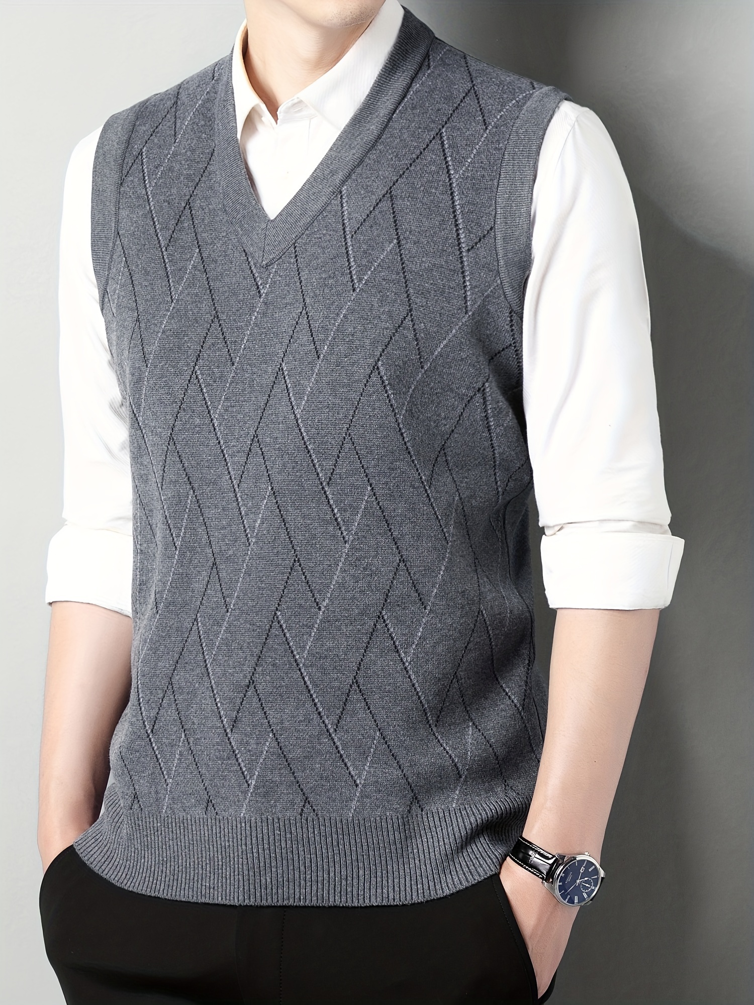 mens v neck cable casual sleeveless knitted sweater vest mens clothing for autumn winter details 0