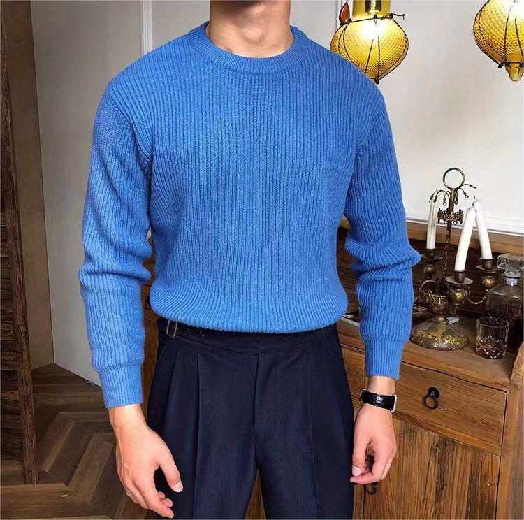 warm texture knitted sweater mens casual solid color slightly stretch round neck pullover sweater for fall winter details 0