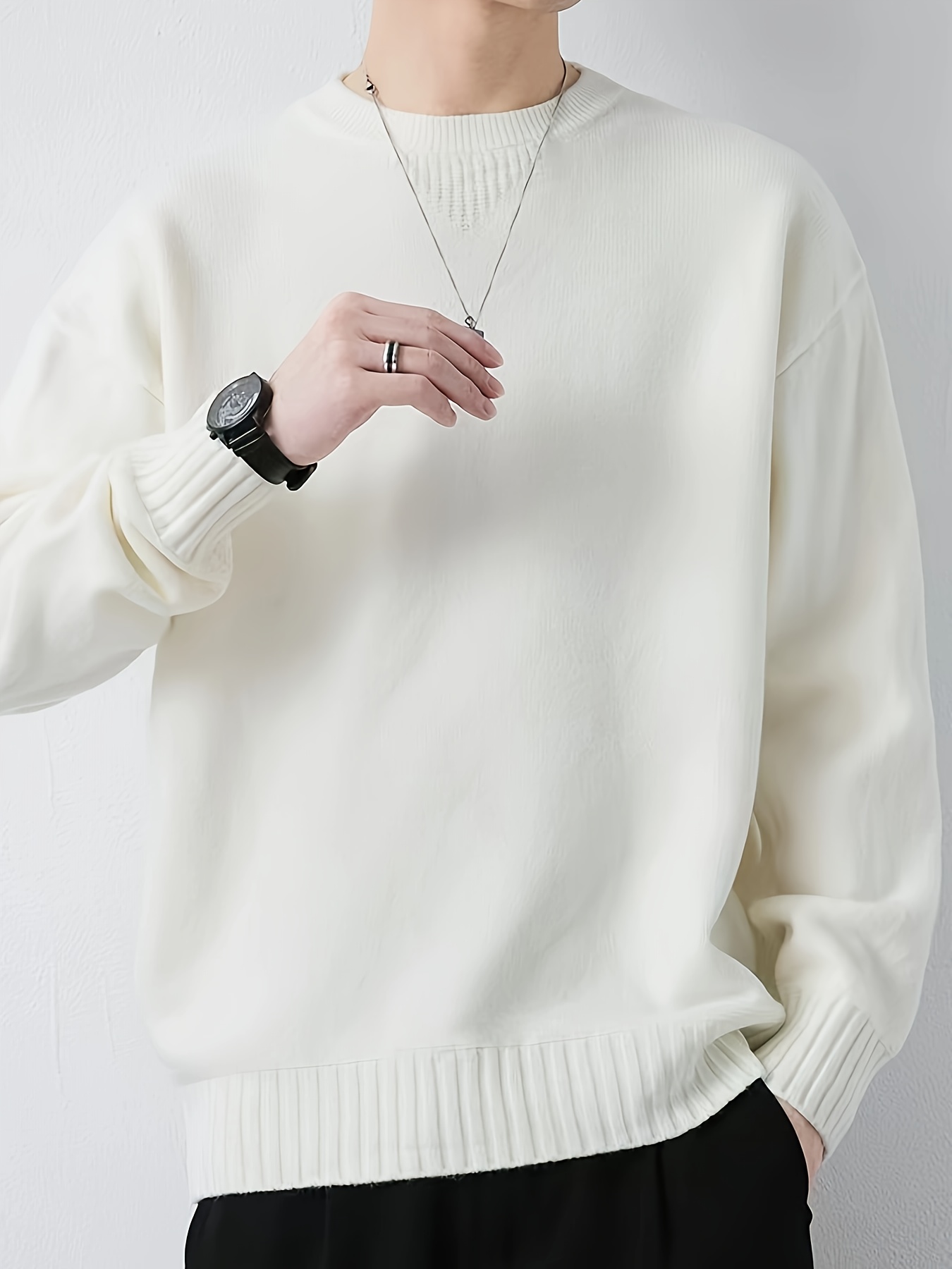 all match knitted sweater mens casual warm slightly stretch crew neck pullover sweater for fall winter details 0