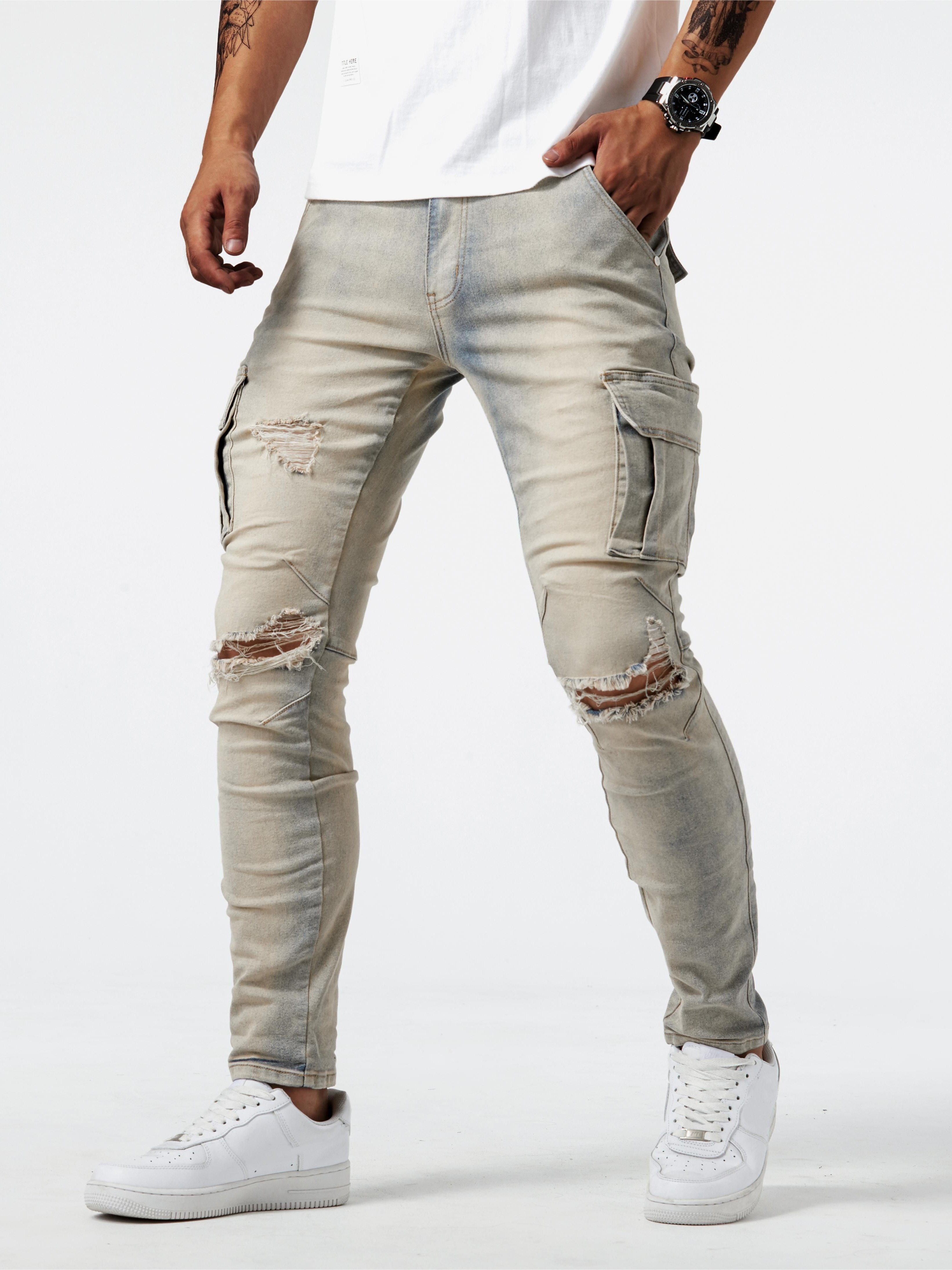 mens casual multi pocket jeans street style medium stretch denim pants details 3