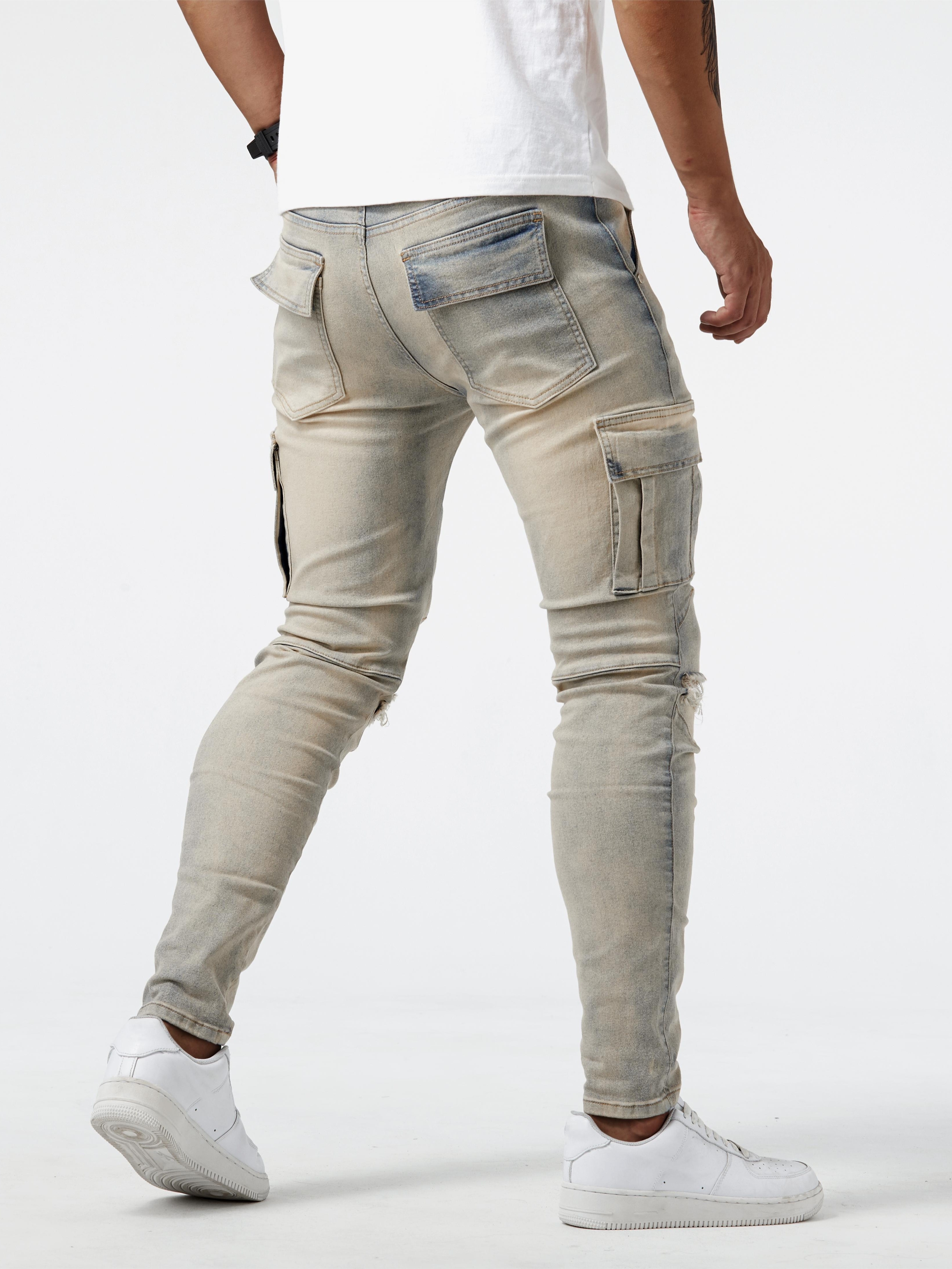 mens casual multi pocket jeans street style medium stretch denim pants details 4