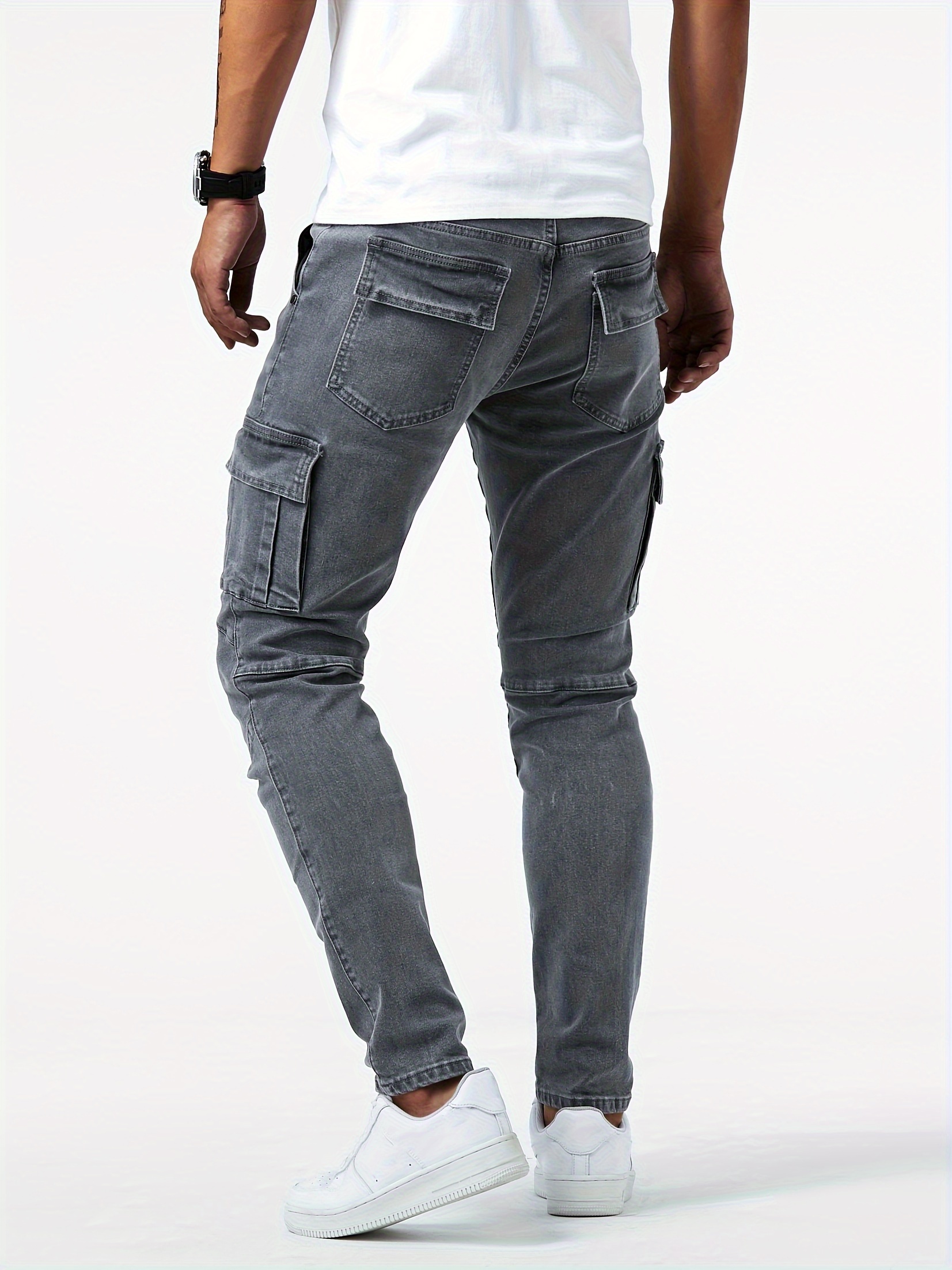 mens casual multi pocket jeans street style medium stretch denim pants details 10