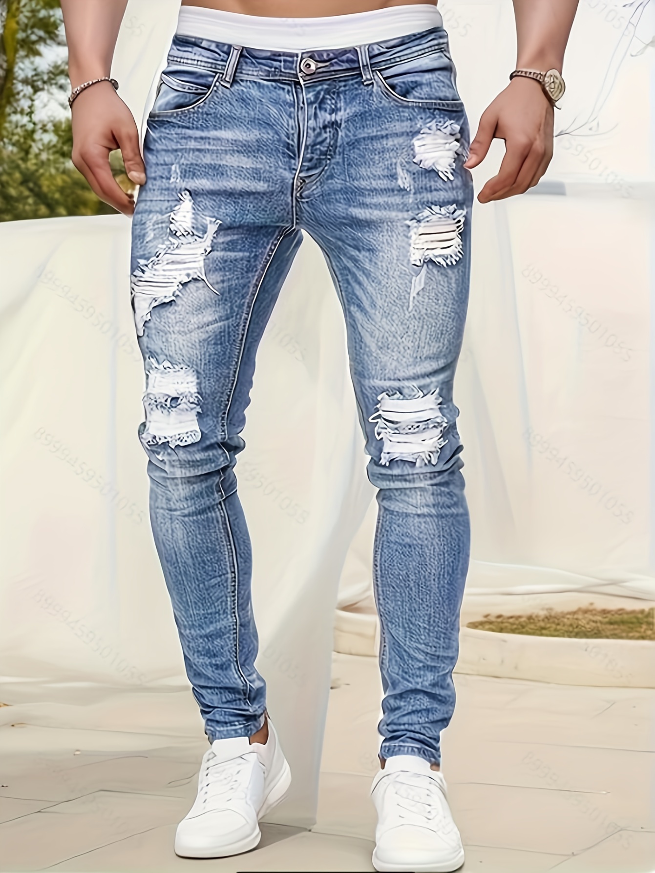 slim fit ripped jeans mens casual street style distressed medium stretch denim pants details 20