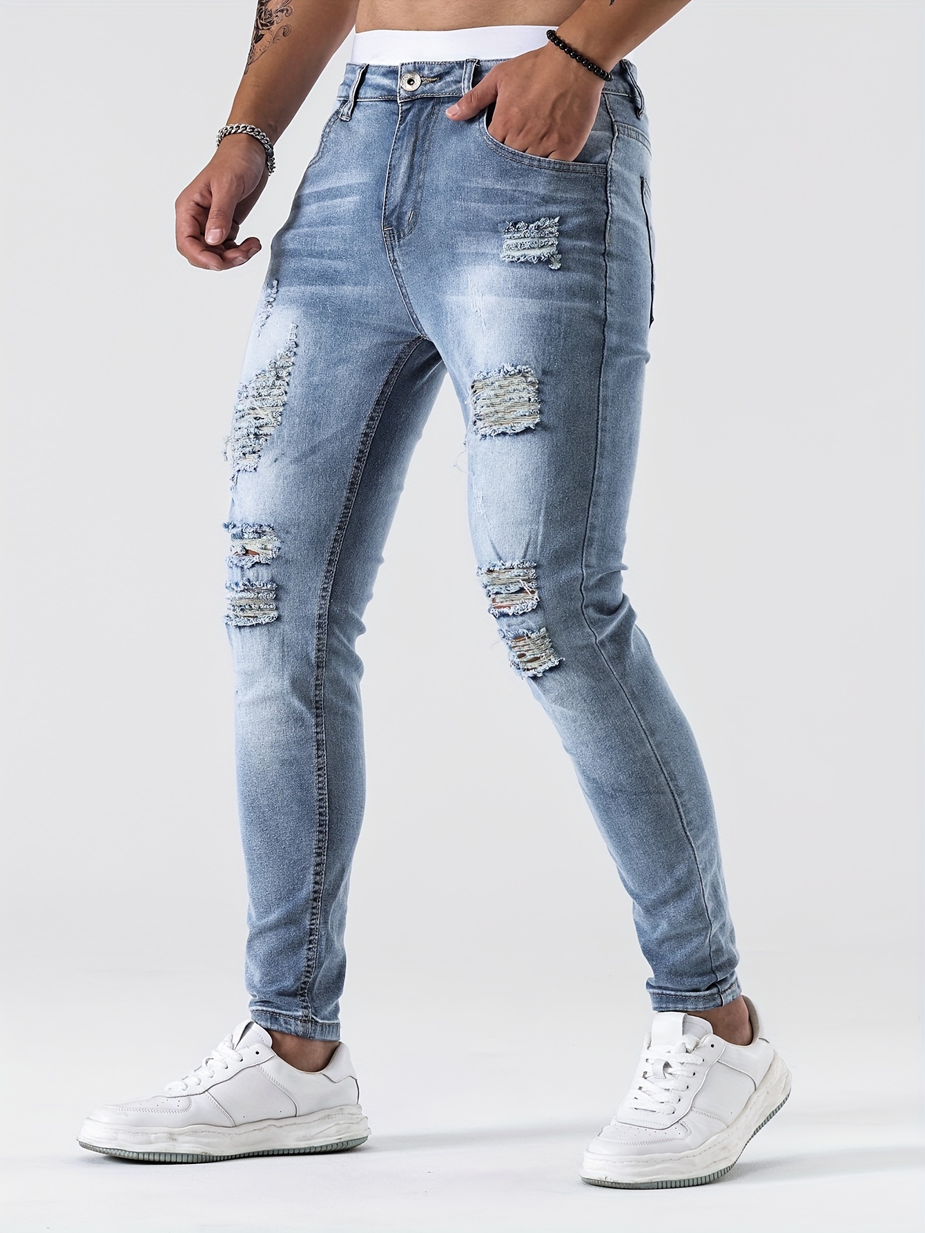 slim fit ripped jeans mens casual street style distressed medium stretch denim pants details 22