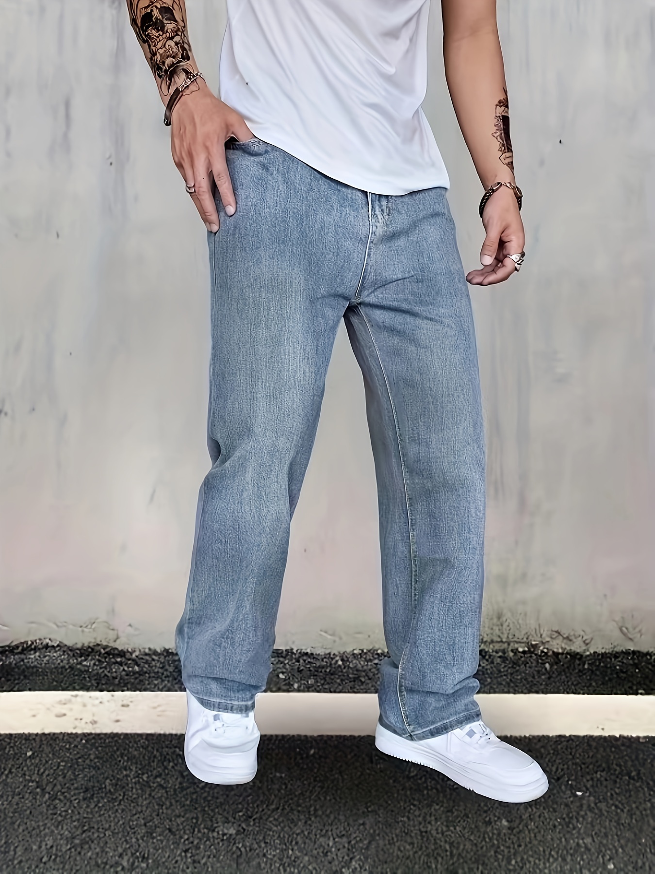 classic design jeans mens casual street style distressed denim pants details 3