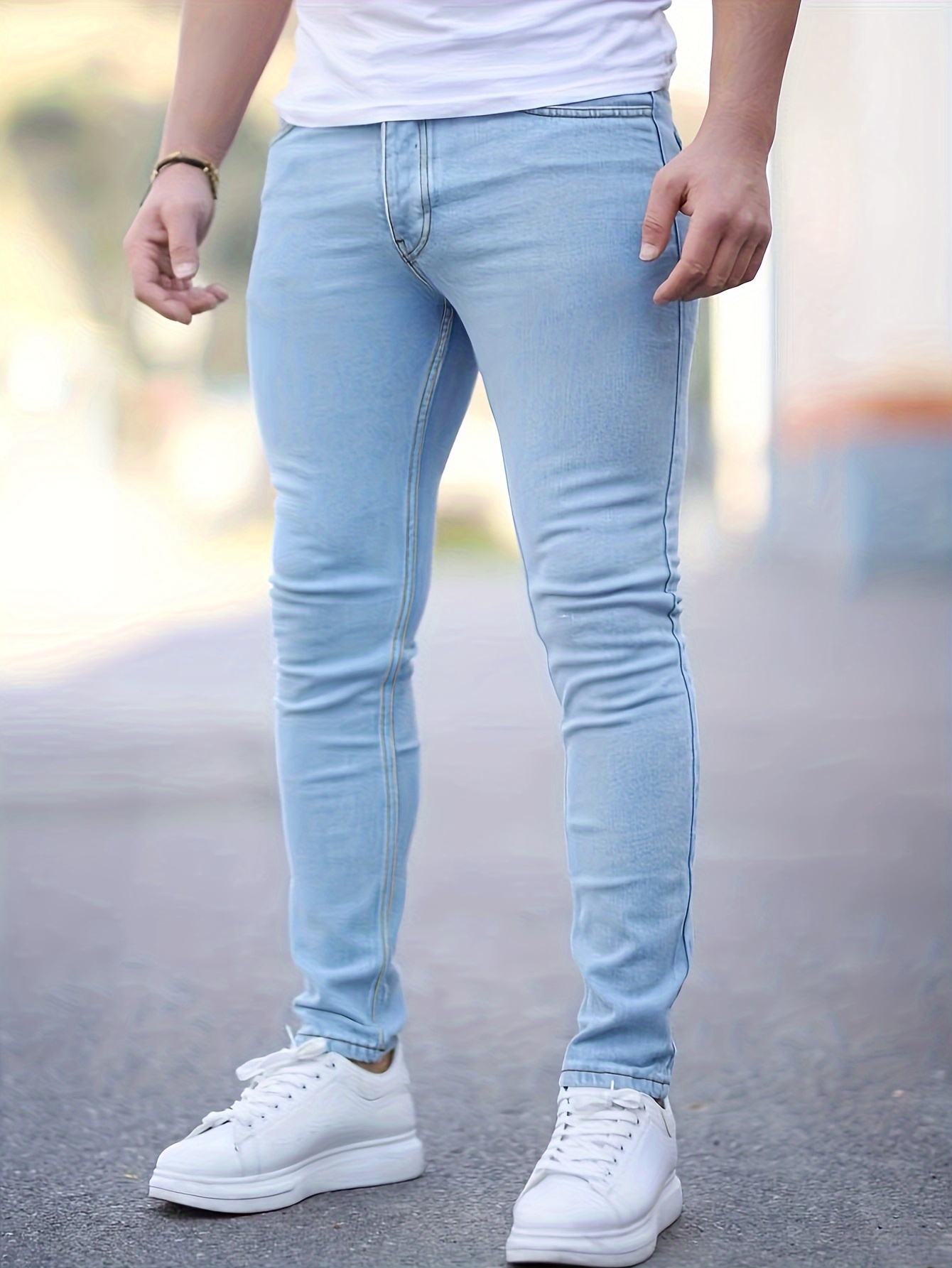 slim fit straight leg cotton jeans, slim fit straight leg cotton jeans mens casual street style solid color slightly stretch denim pants for spring summer details 0