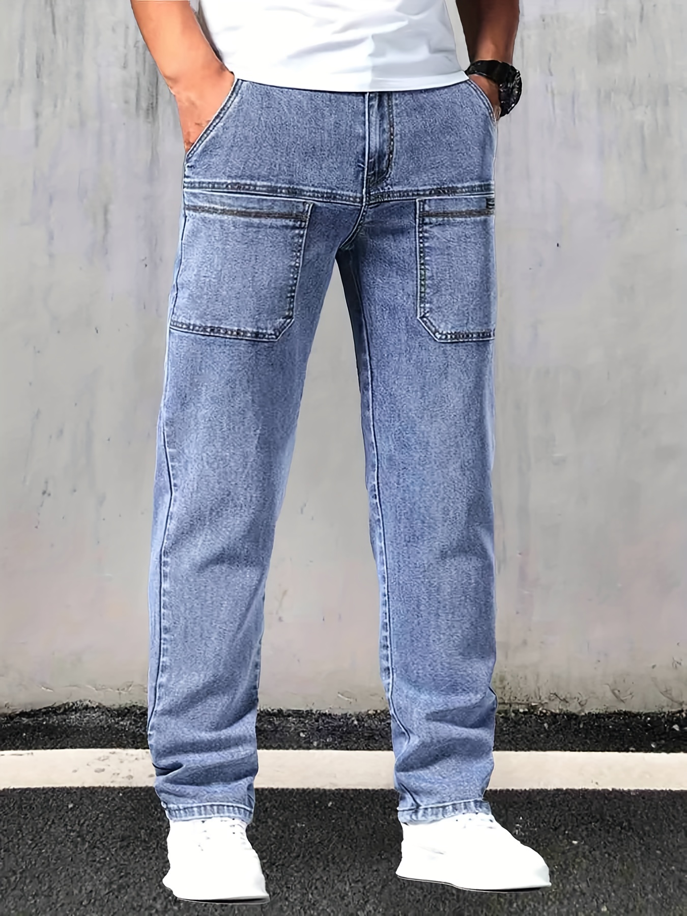 loose fit straight leg jeans mens casual street style multi pocket denim pants for all seasons details 2