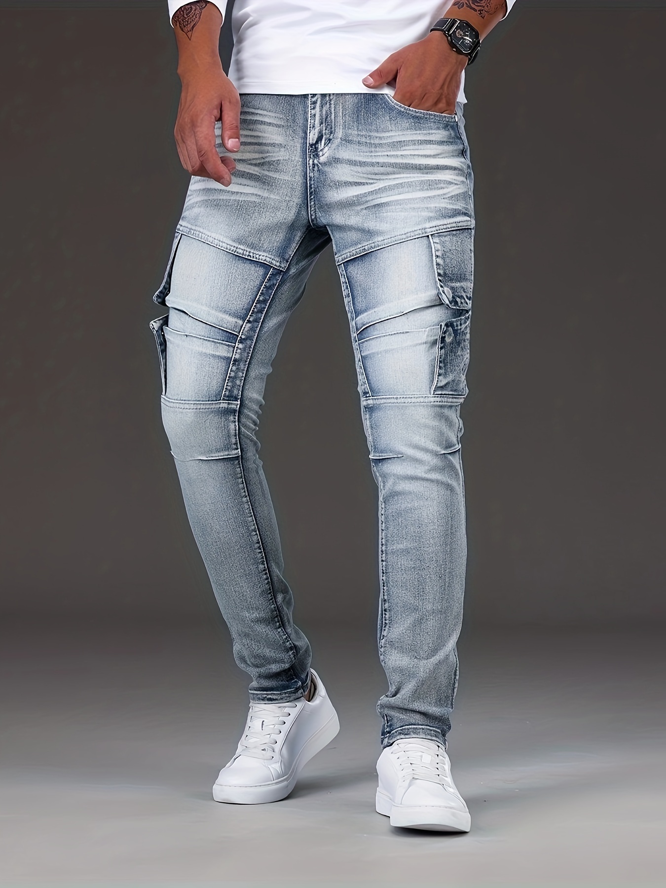 slim fit biker jeans mens casual street style distressed medium stretch denim pants details 1