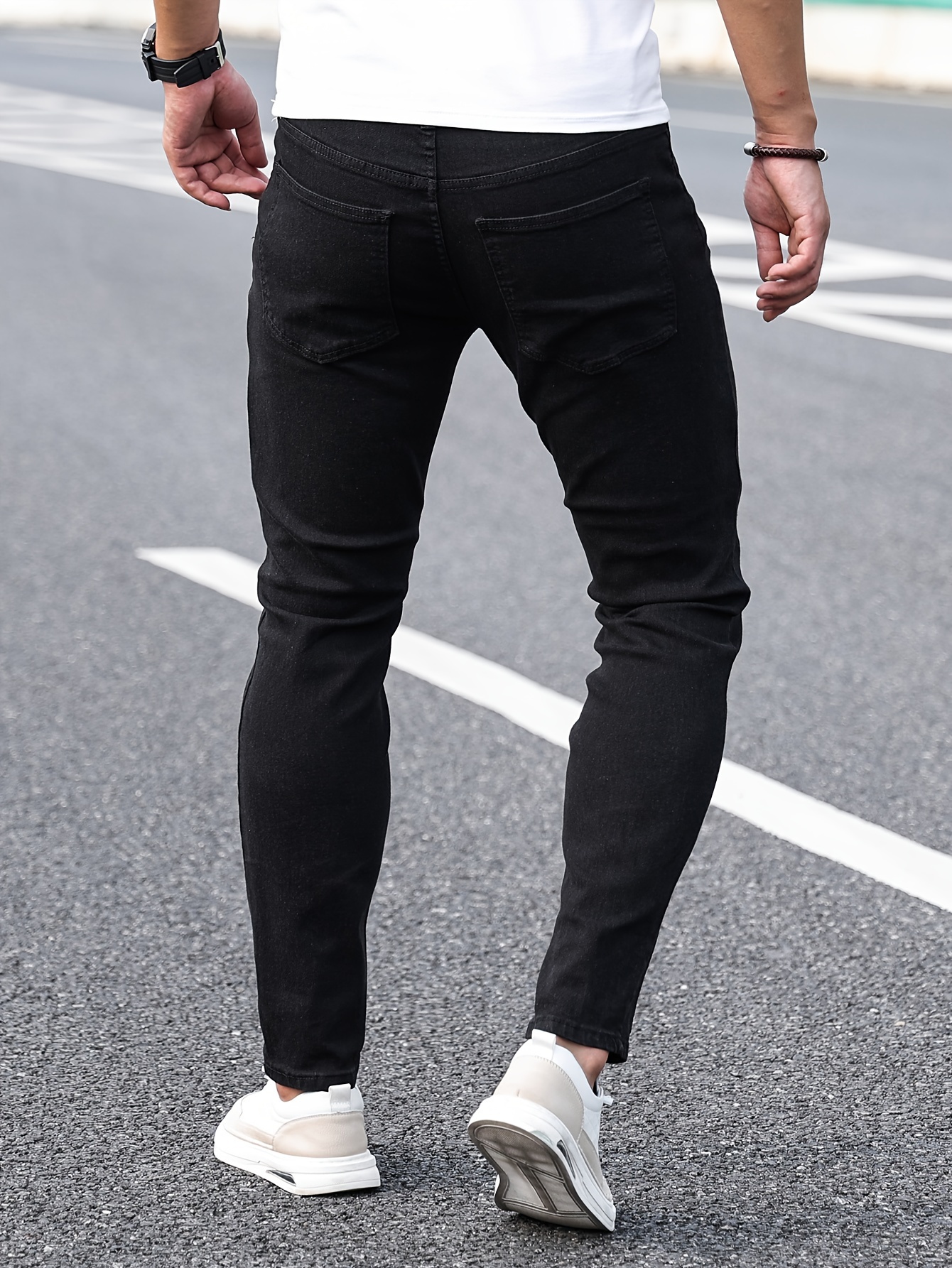 slim fit ripped jeans mens casual high stretch street style denim pants details 12