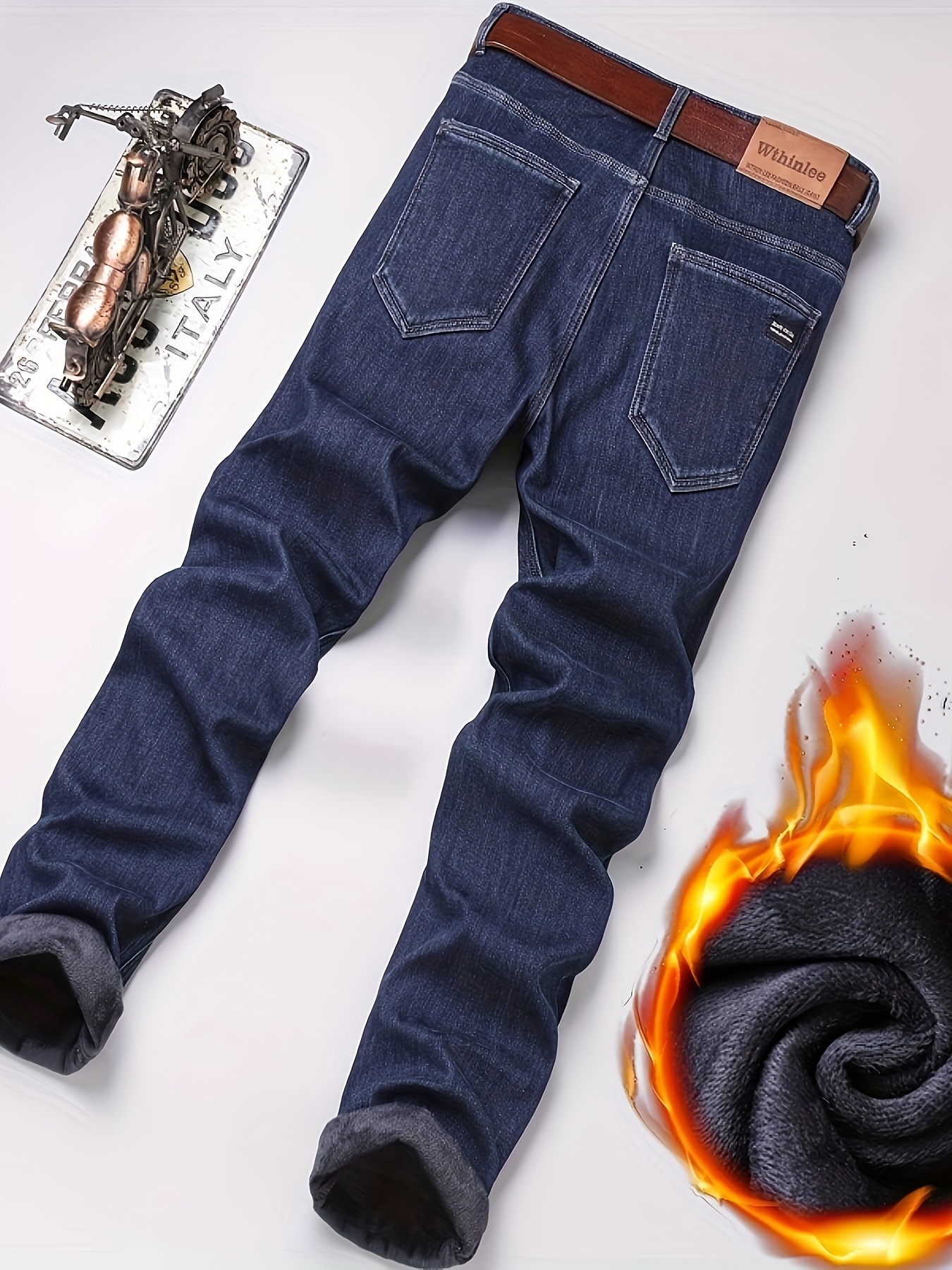 mens classic design warm thick jeans semi formal stretch jeans for fall winter business details 5