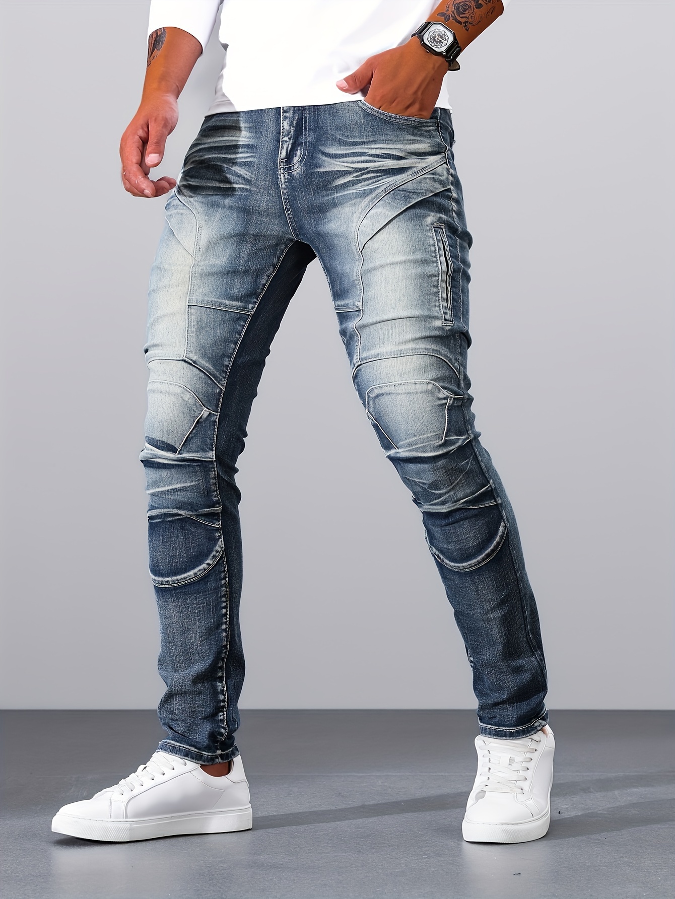 casual vintage style denim pants, mens casual vintage style denim pants street style skinny biker jeans details 8