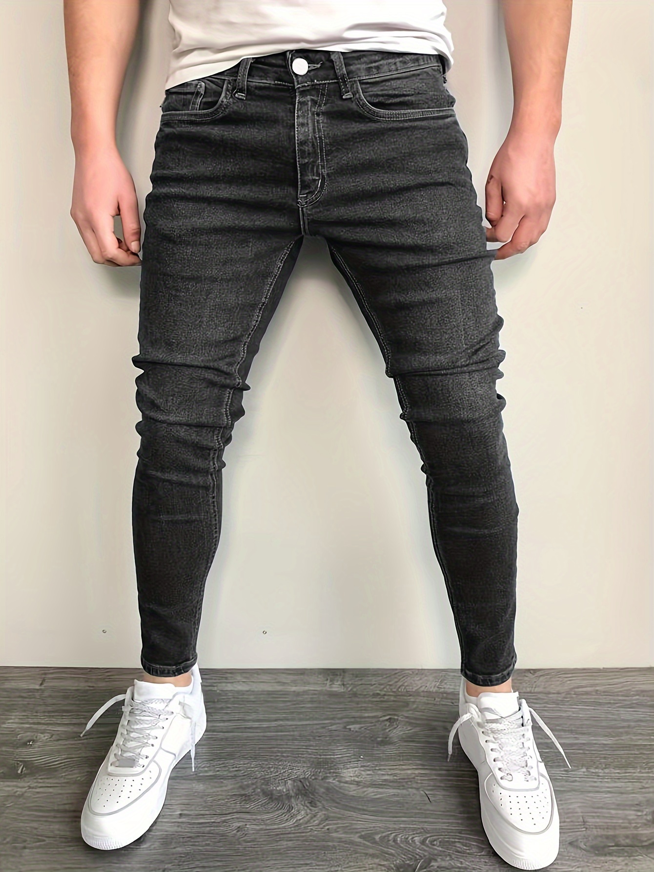 slim fit cotton jeans mens casual street style solid color classic design mid stretch denim pants for spring summer details 0