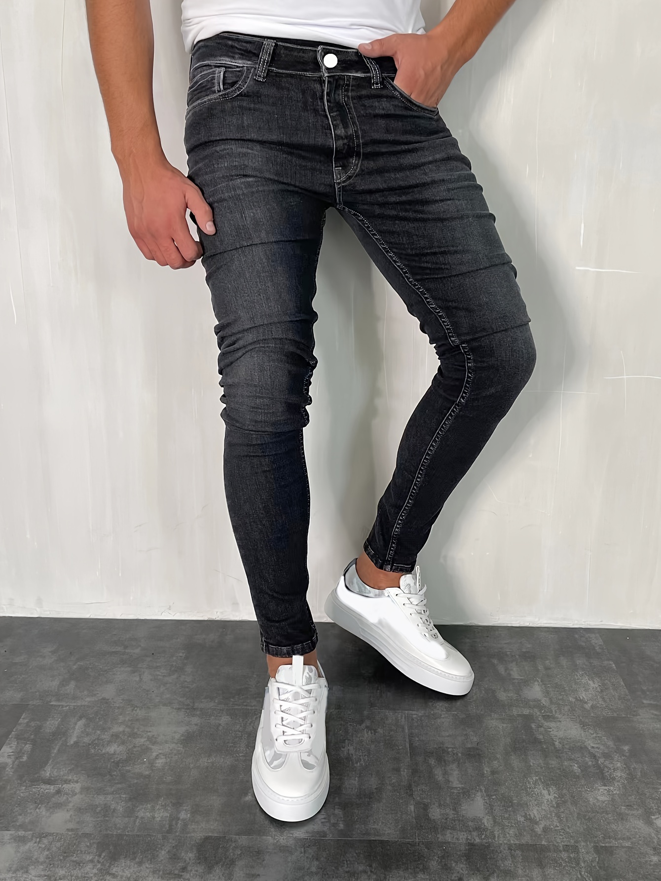 slim fit cotton jeans mens casual street style solid color classic design mid stretch denim pants for spring summer details 3