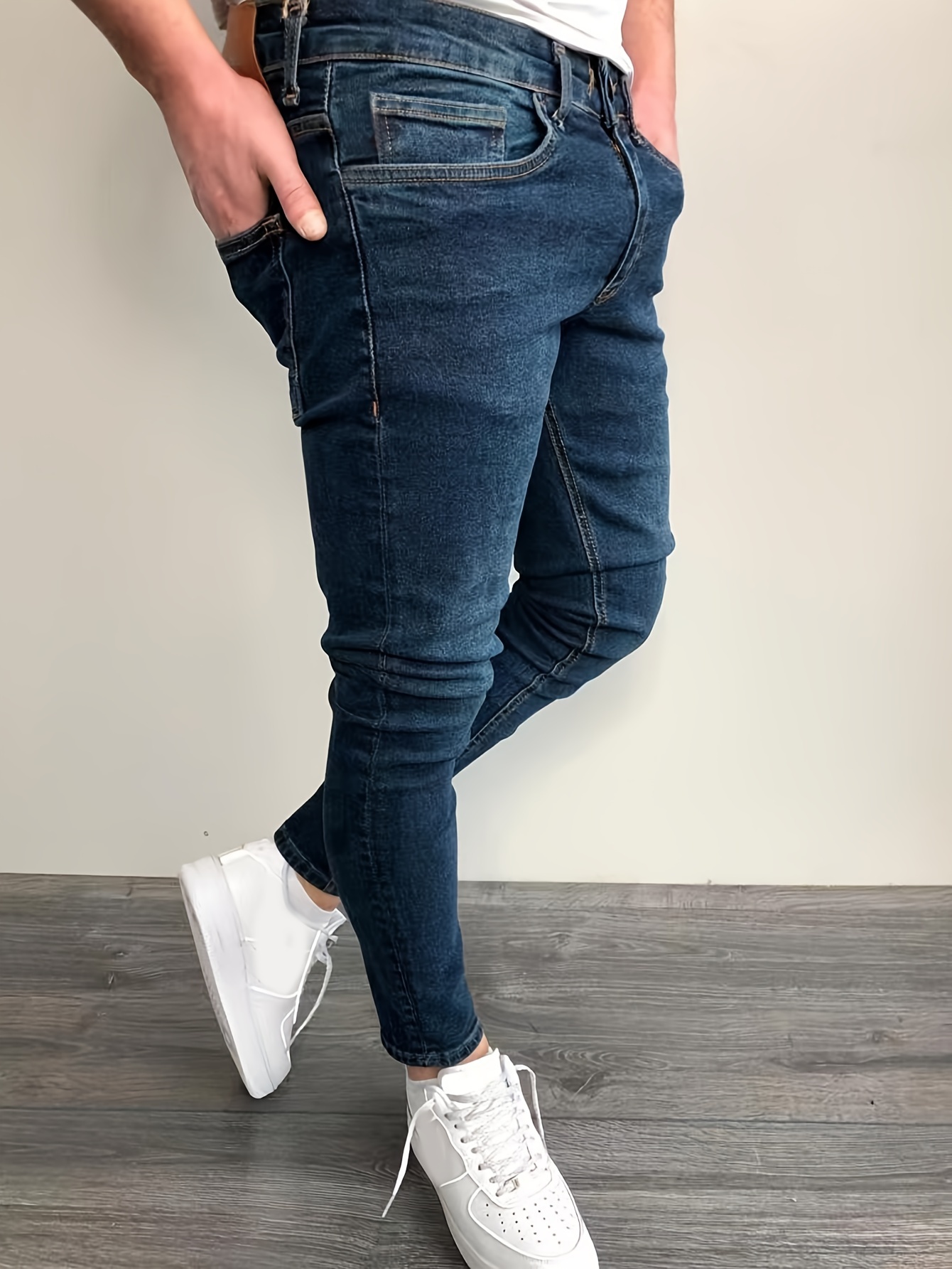 slim fit cotton jeans mens casual street style solid color classic design mid stretch denim pants for spring summer details 7