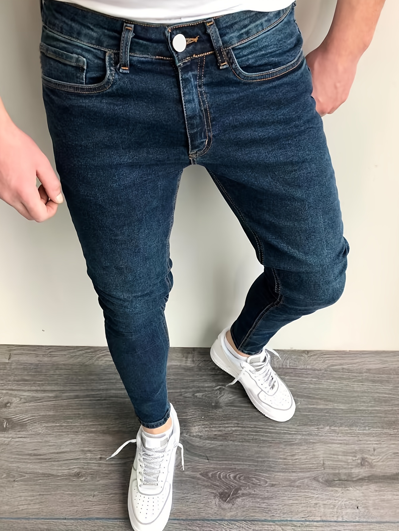 slim fit cotton jeans mens casual street style solid color classic design mid stretch denim pants for spring summer details 8