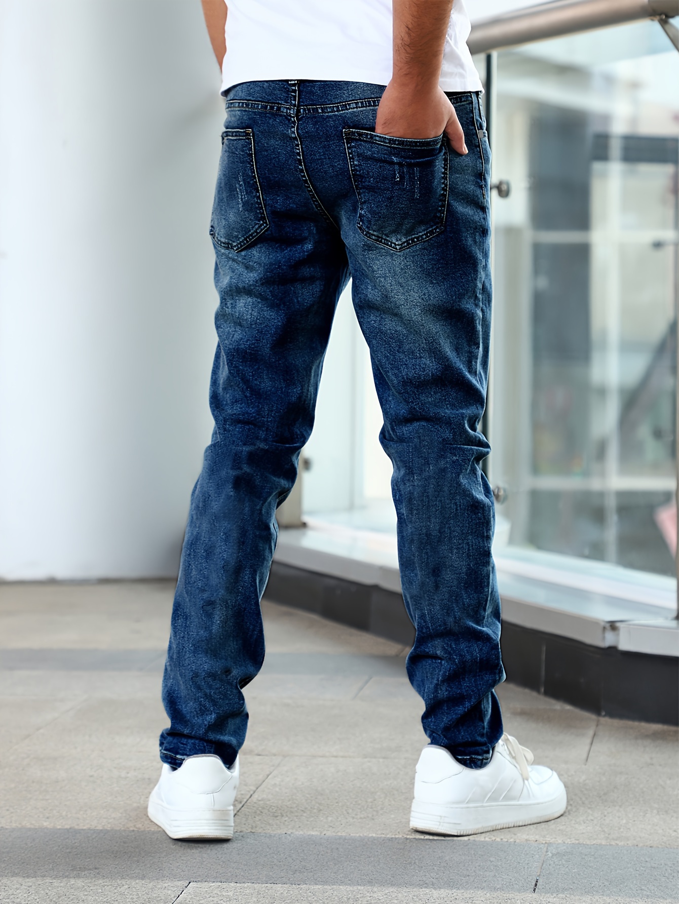 mens casual medium stretch jeans classic design denim pants details 1