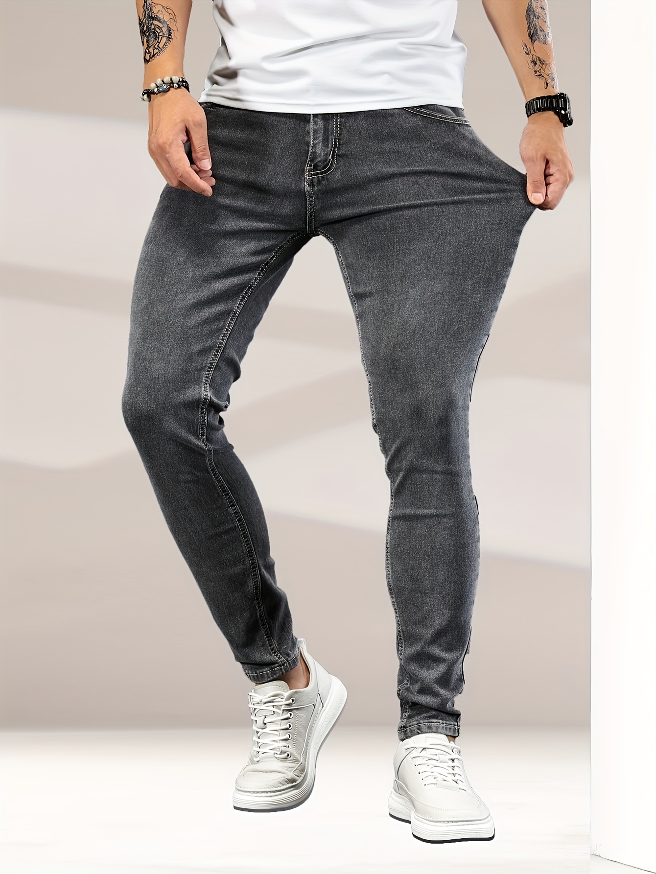 slim fit classic design jeans mens casual street style stretch denim pants details 7