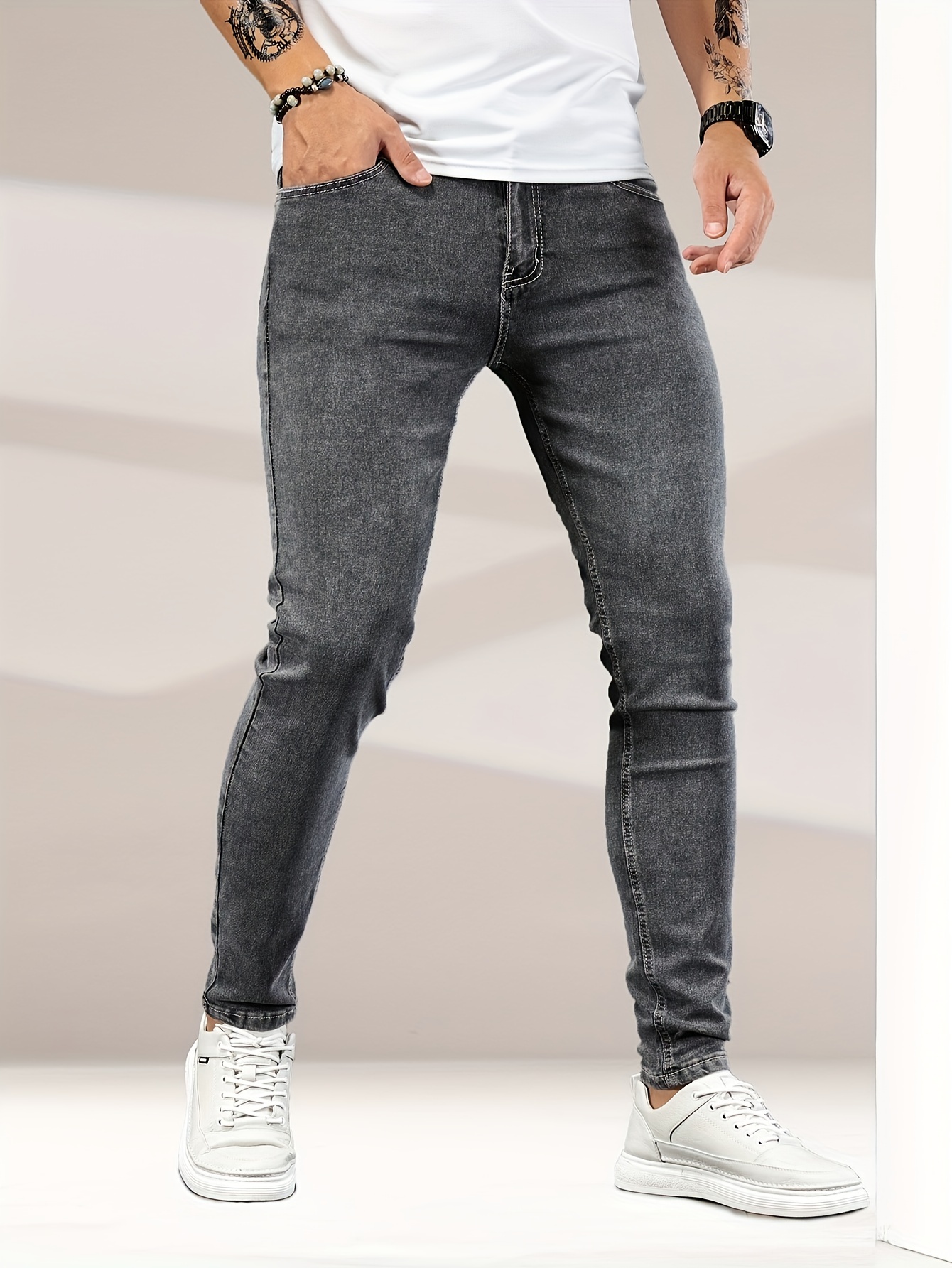 slim fit classic design jeans mens casual street style stretch denim pants details 9