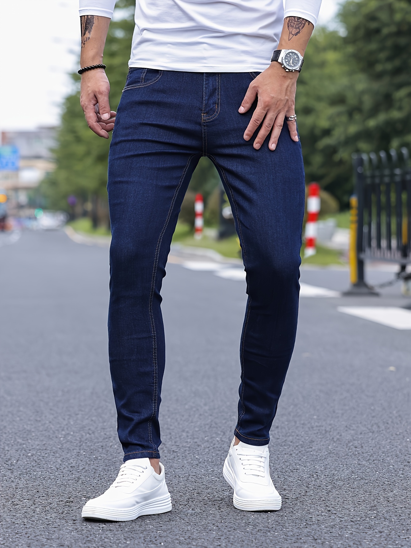 slim fit classic design jeans mens casual street style stretch denim pants details 14