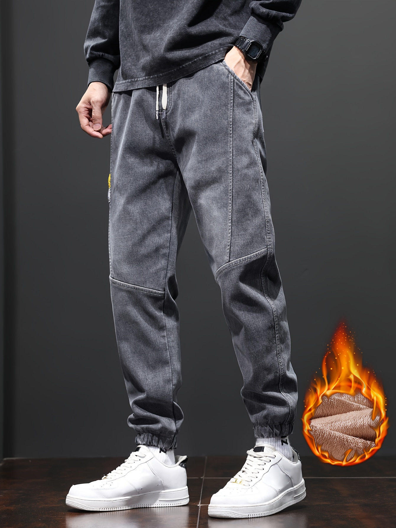 mens warm thick tapered pants casual trendy cropped pants for fall winter details 4