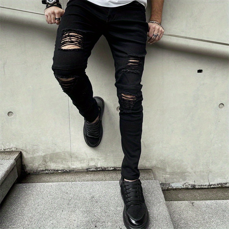 slim fit denim pants, mens fashion ripped skinny mid stretch jeans slim fit denim pants with pockets details 0