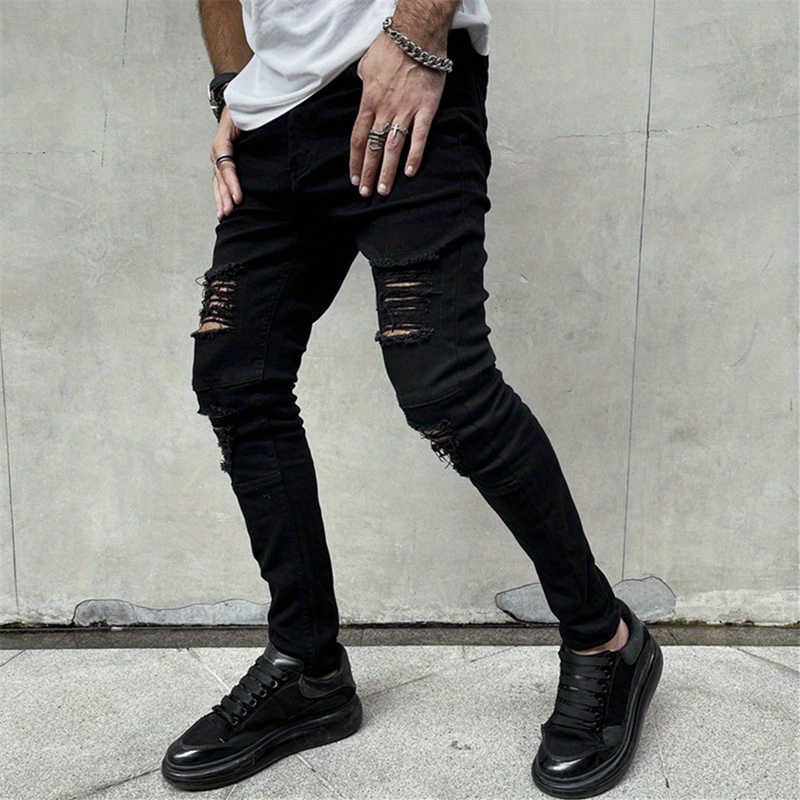 slim fit denim pants, mens fashion ripped skinny mid stretch jeans slim fit denim pants with pockets details 1